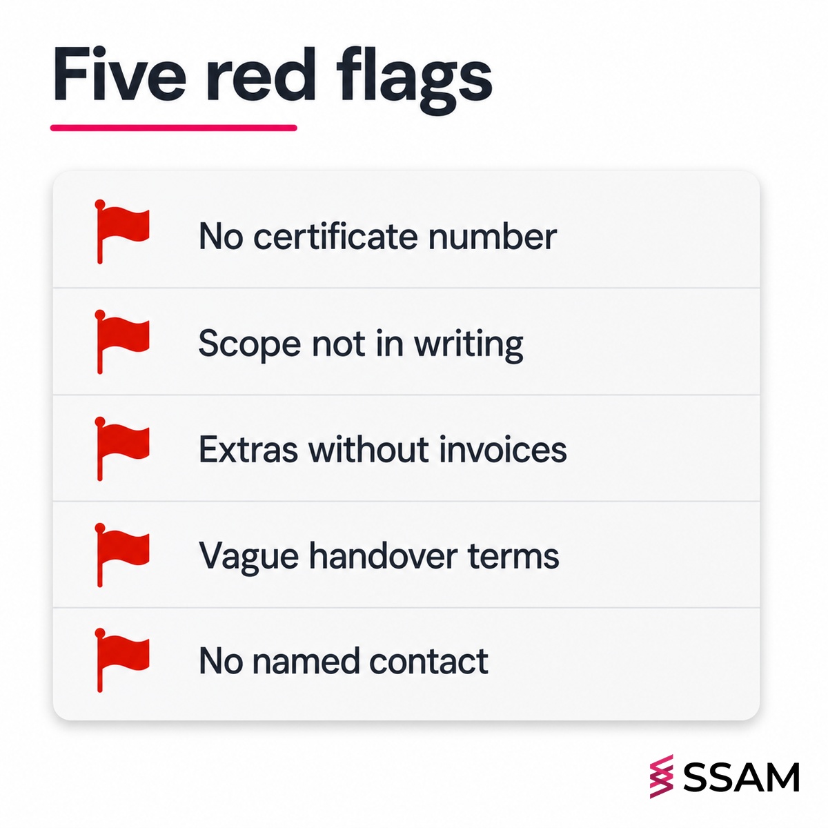 Choose a company secretary in Malaysia red flags card listing warning signs to check before appointing a provider.