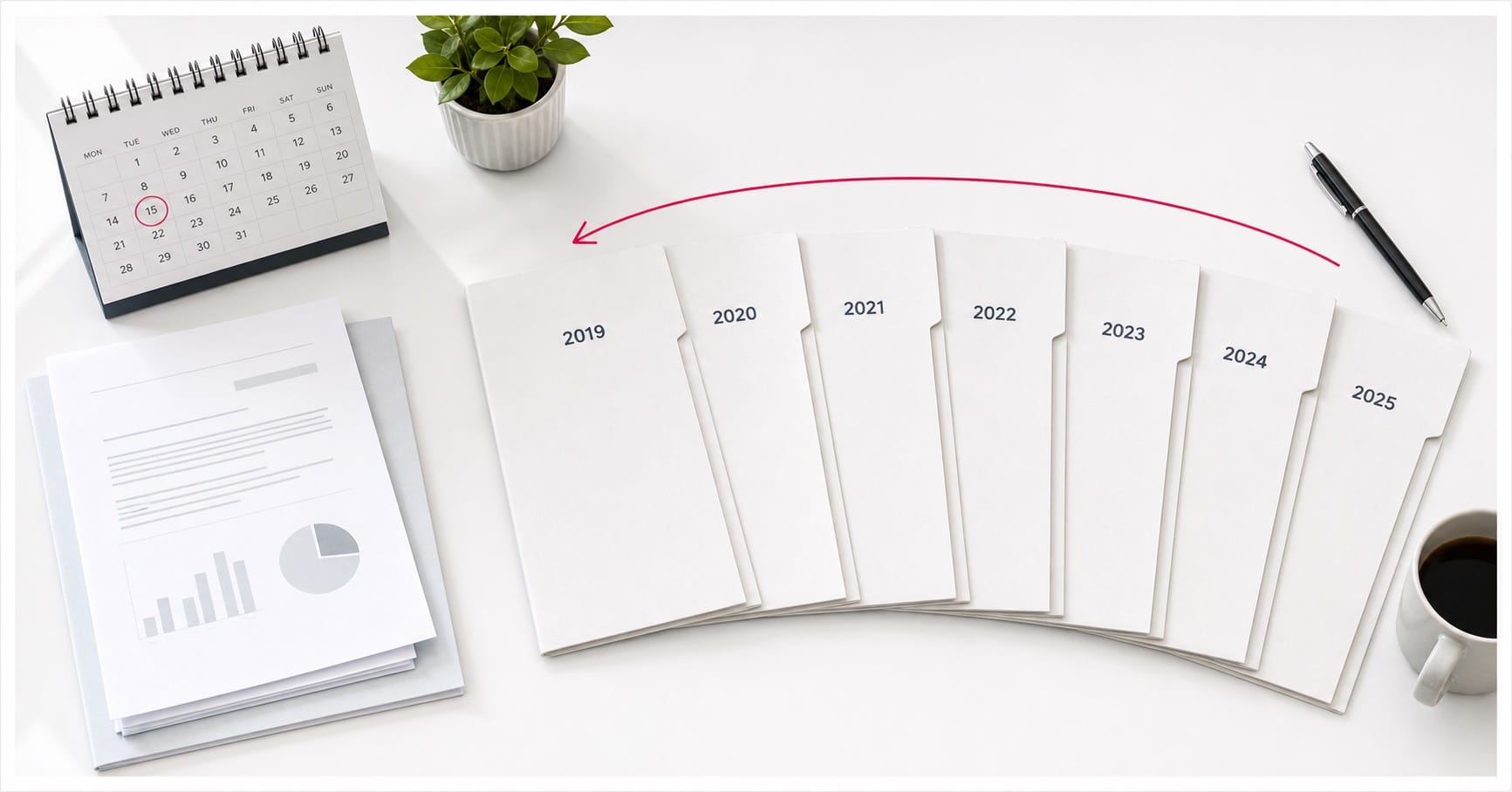 "LHDN 7 year audit Malaysia retention shown as seven year-labelled folders with a curved arrow pointing back to the earliest year"