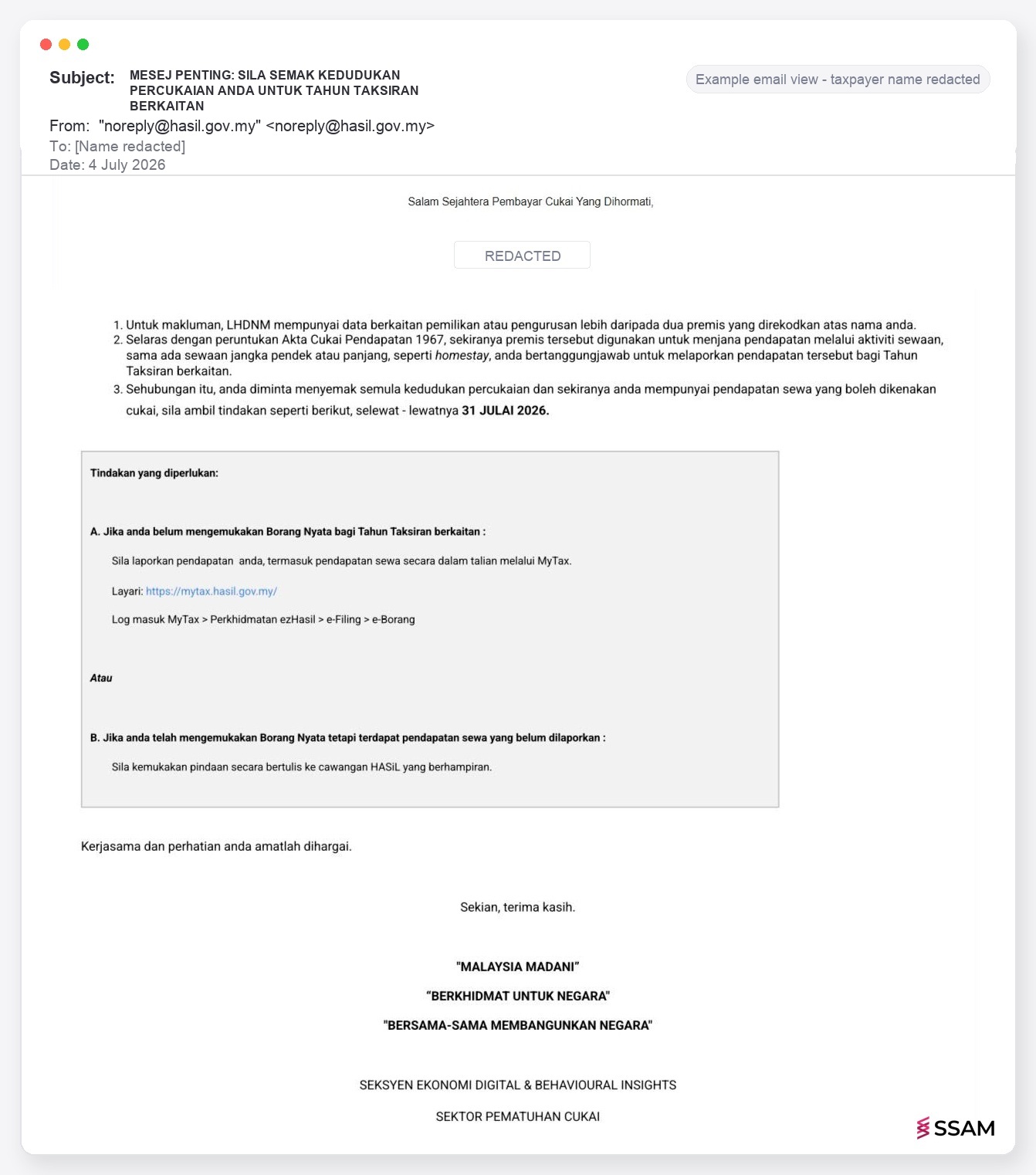LHDN rental income email real example showing a redacted genuine LHDN e-Maklum notice from noreply@hasil.gov.my with the subject MESEJ PENTING SILA SEMAK KEDUDUKAN PERCUKAIAN ANDA UNTUK TAHUN TAKSIRAN BERKAITAN