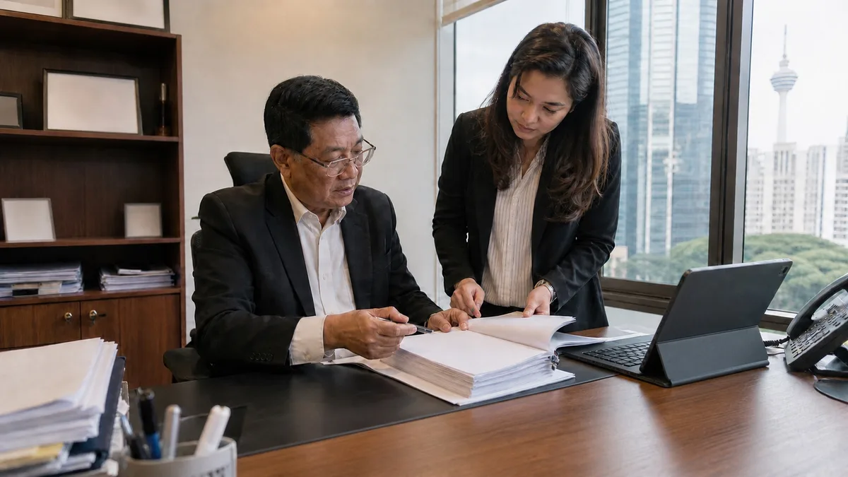 Malaysian director reviewing company secretary records with an SSAM adviser.