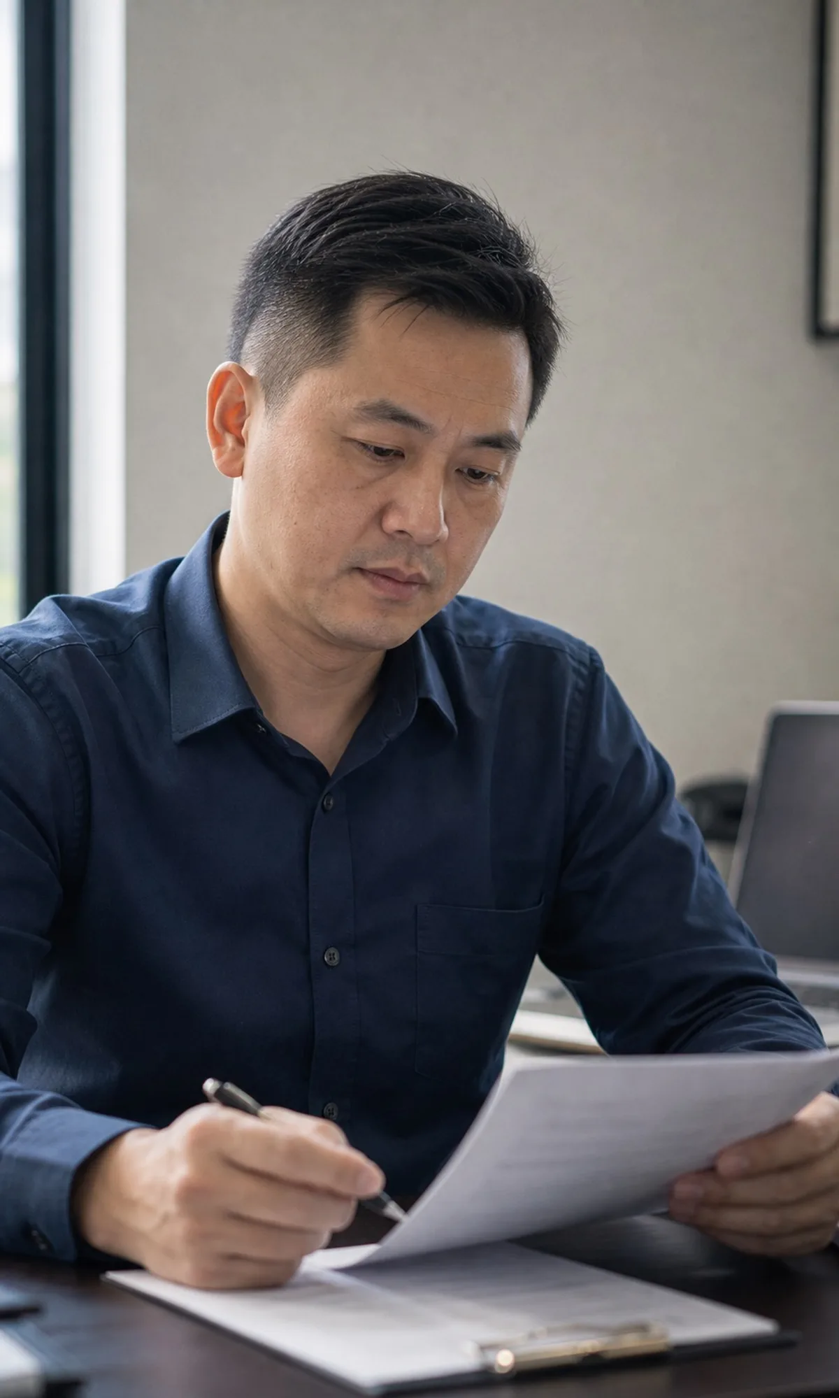 Malaysian Chinese business owner in Kuala Lumpur reviewing a cross-border payment, a typical SSAM Group advisory client.