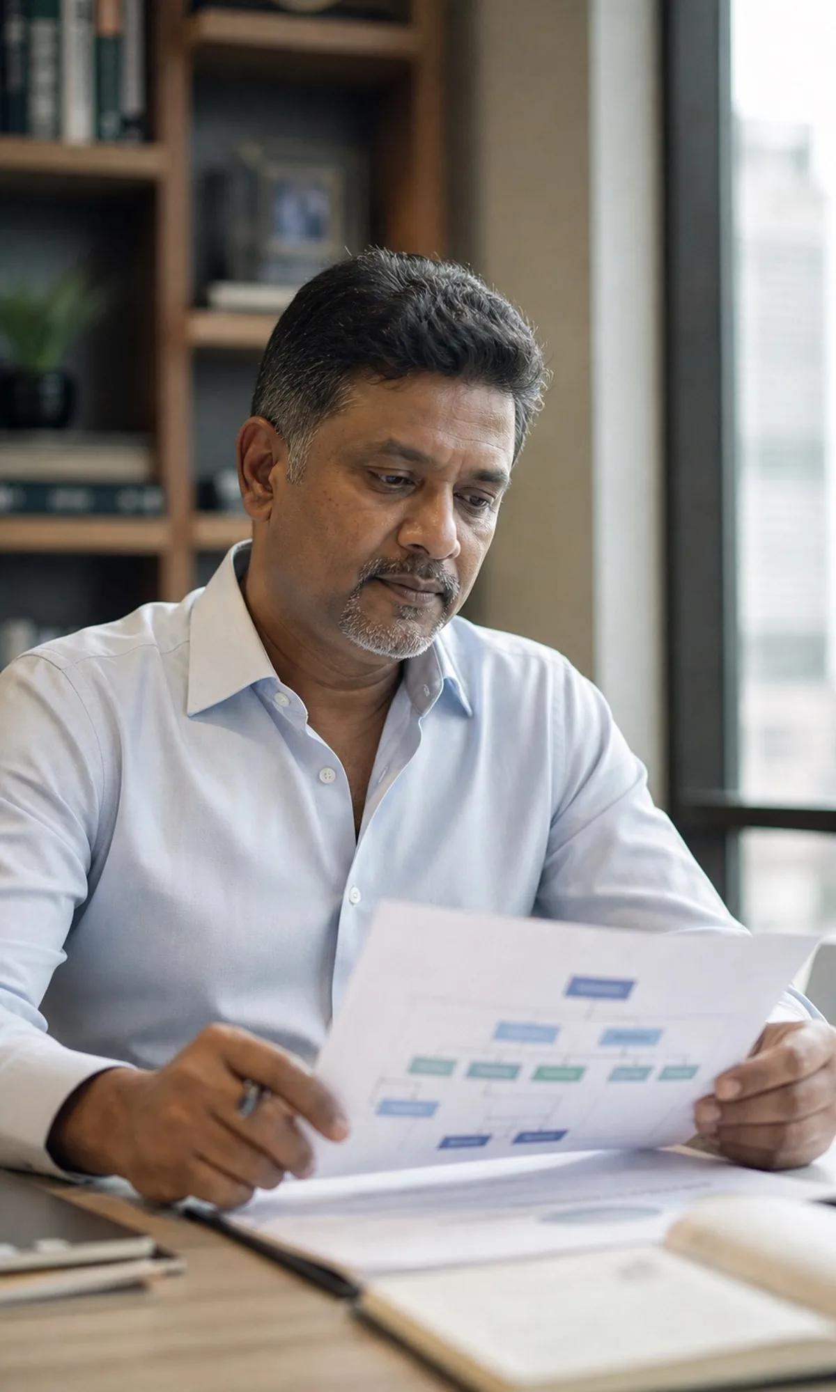 Malaysian Indian director in Kuala Lumpur reviewing a group restructuring, a typical SSAM Group advisory client.
