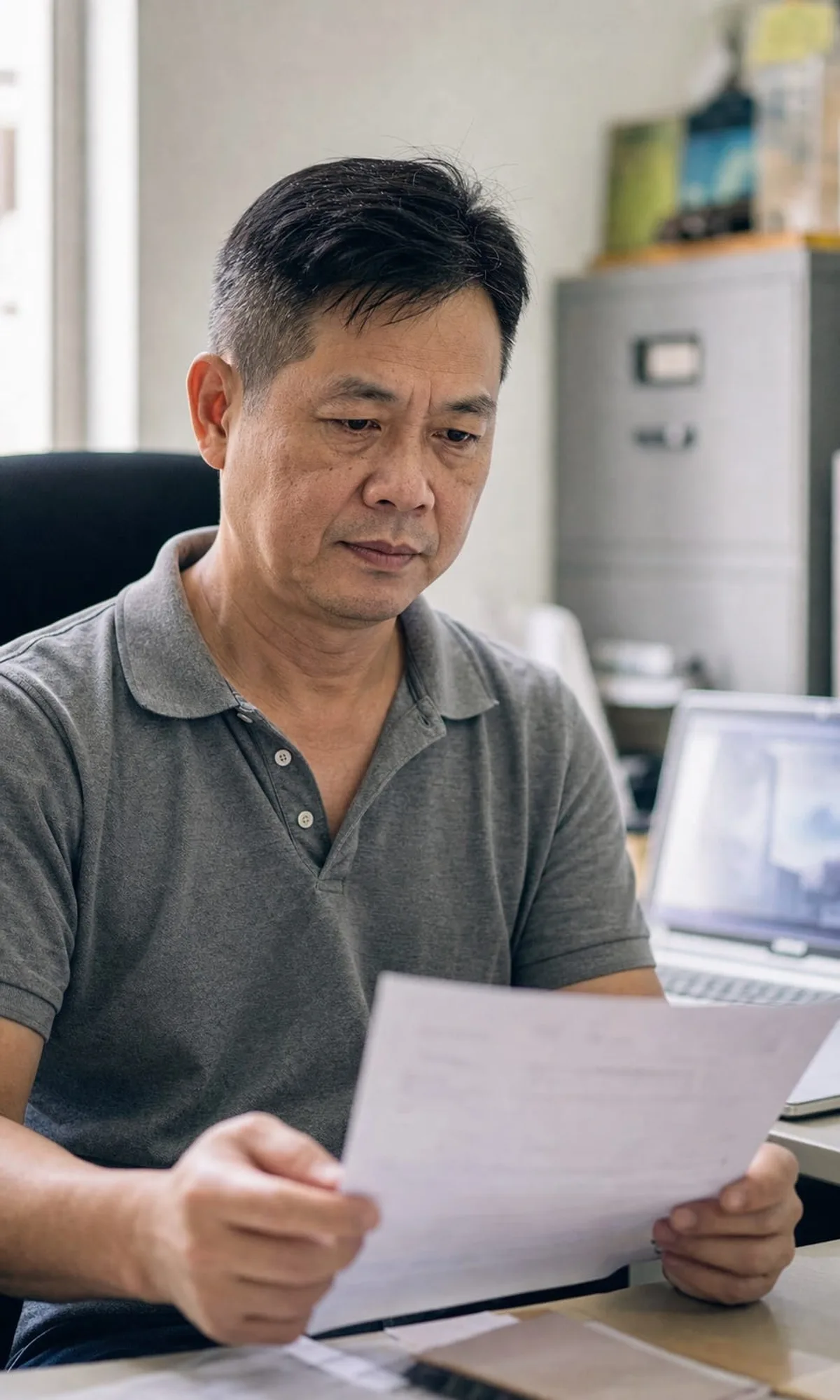 Malaysian Chinese business owner in Kuala Lumpur reviewing an LHDN audit letter, a typical SSAM Group client.