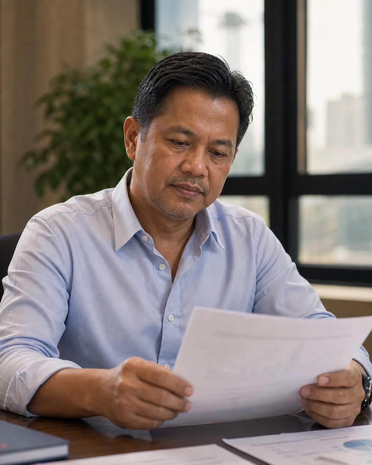 Malaysian Malay business owner in Kuala Lumpur reviewing audit risk with documents, a typical SSAM Group client.