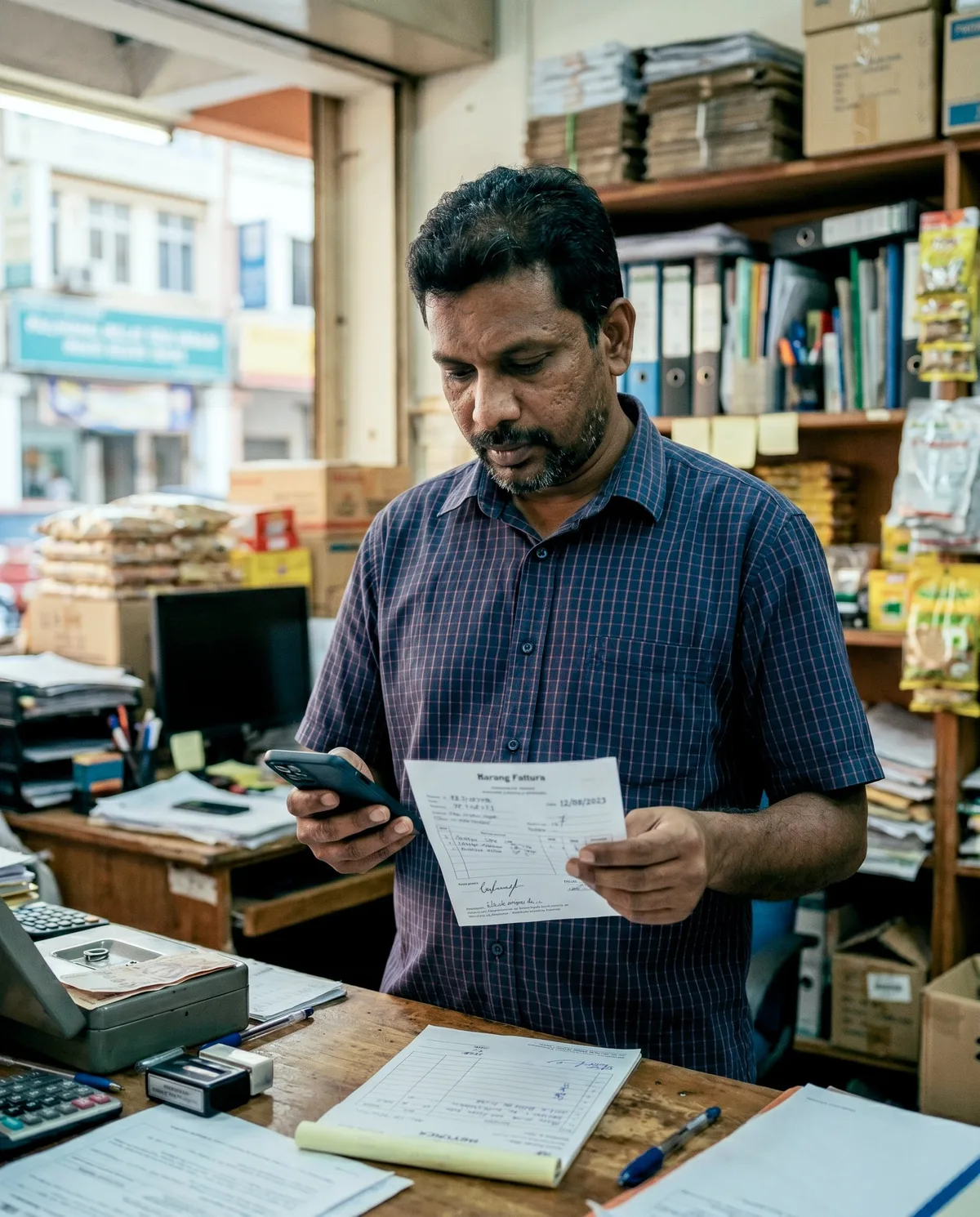 Malaysian Indian sole proprietor in Kuala Lumpur reviewing tax filing options, a typical SSAM Group client.