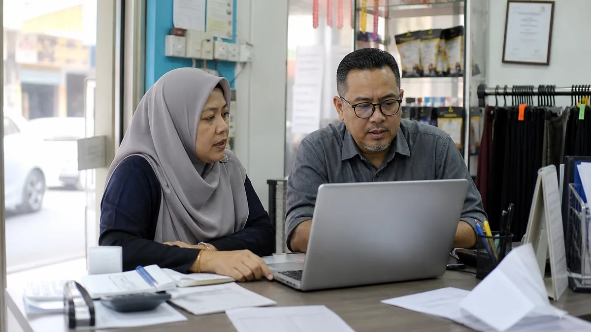 Malaysian owner reviewing SSM business registration and EzBiz details with SSAM.