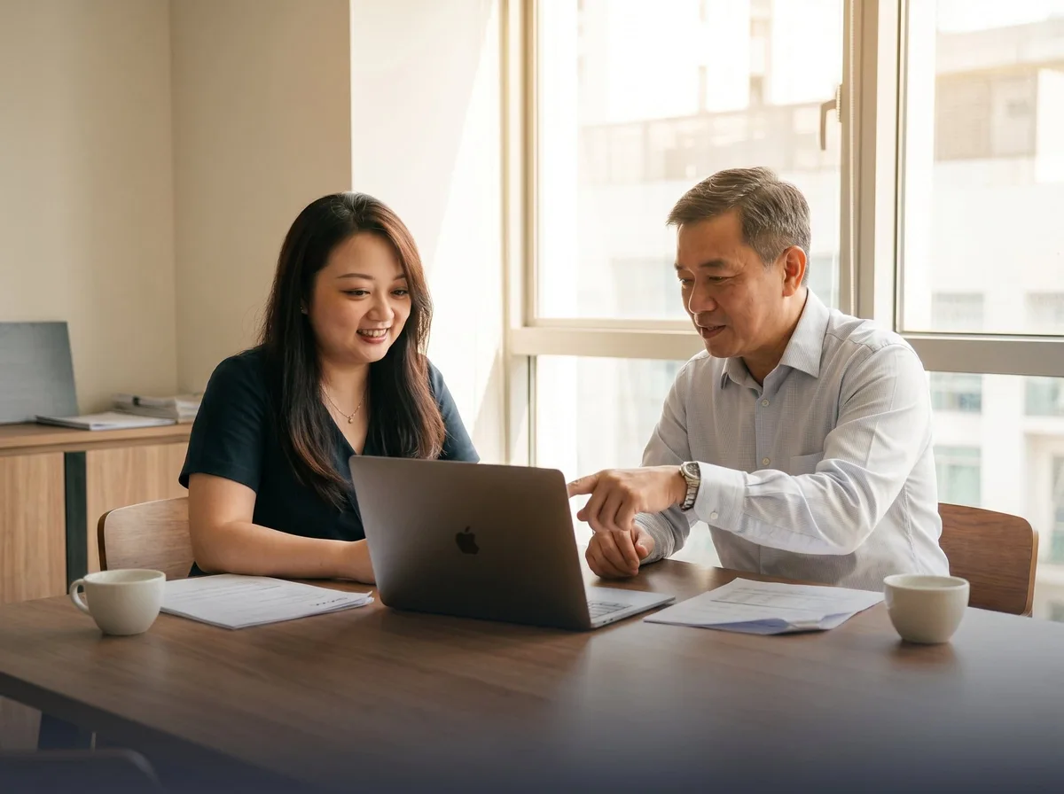Tax consultant in Kuala Lumpur from SSAM Group reviewing corporate tax filings with a Malaysian SME founder at the SSAM office.