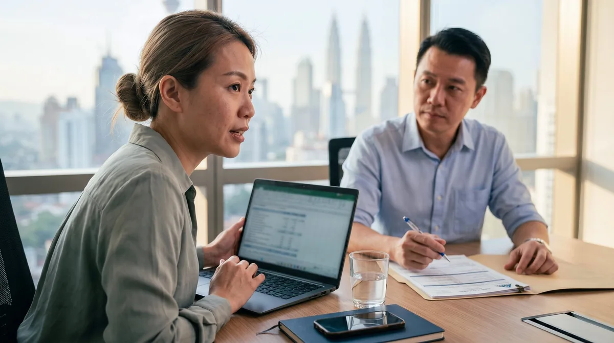 SSAM adviser reviewing tax filing and compliance records with a Malaysian business owner.