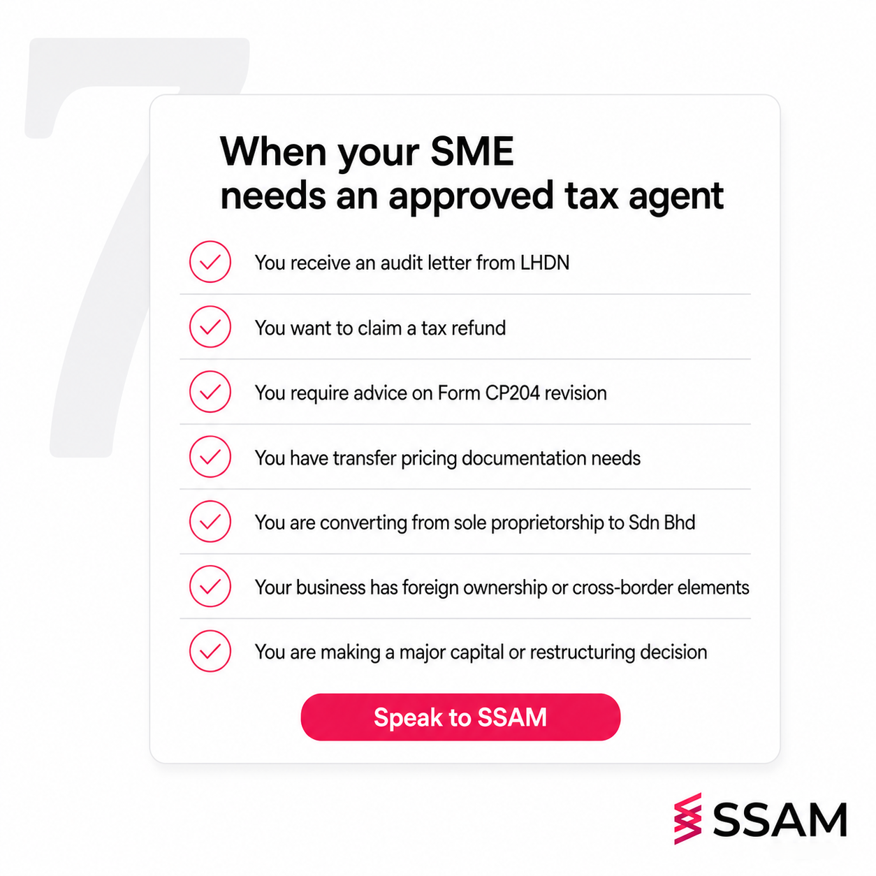 Approved tax agent Malaysia decision checklist showing seven triggers for SMEs.
